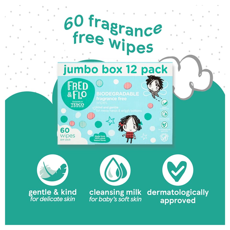 image 1 of Fred & Flo Biodegradable Fragrance Free 60 Wipes 12 Box