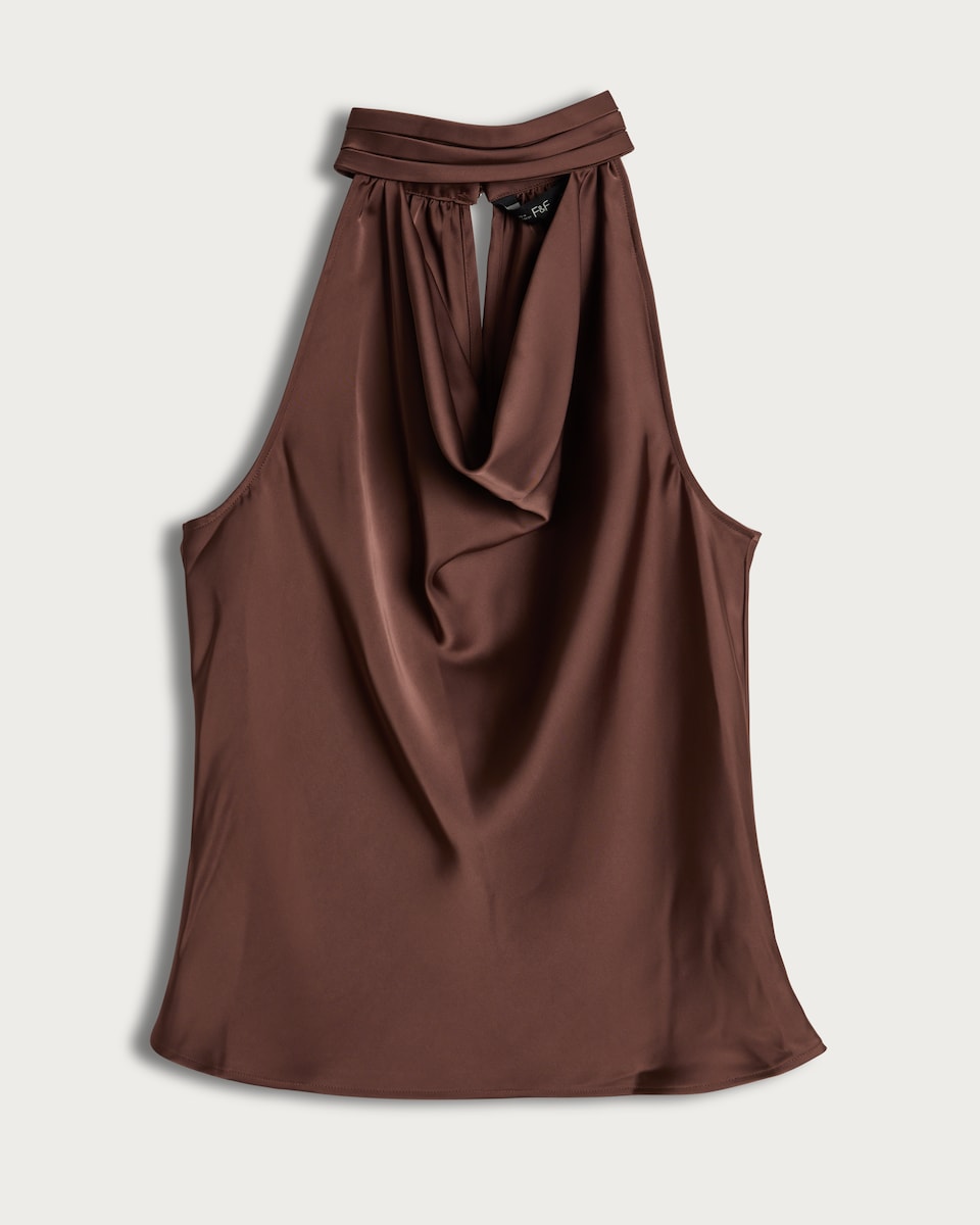 image 1 of The F&F Edit Satin High Cowl Neck Sleeveless Blouse in Brown