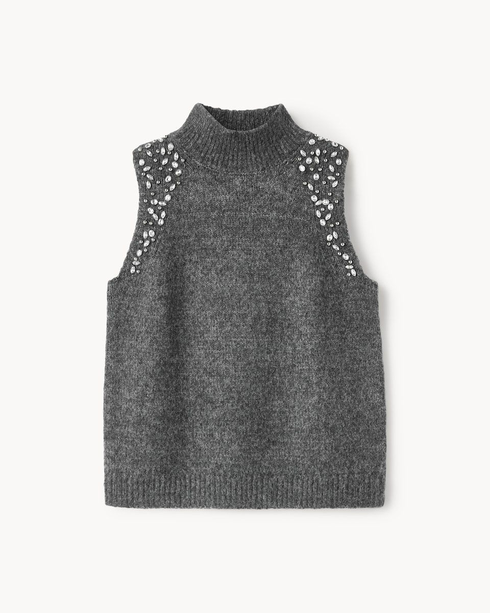 image 1 of F&F Diamanté High Neck Sleeveless Jumper with Wool in Grey