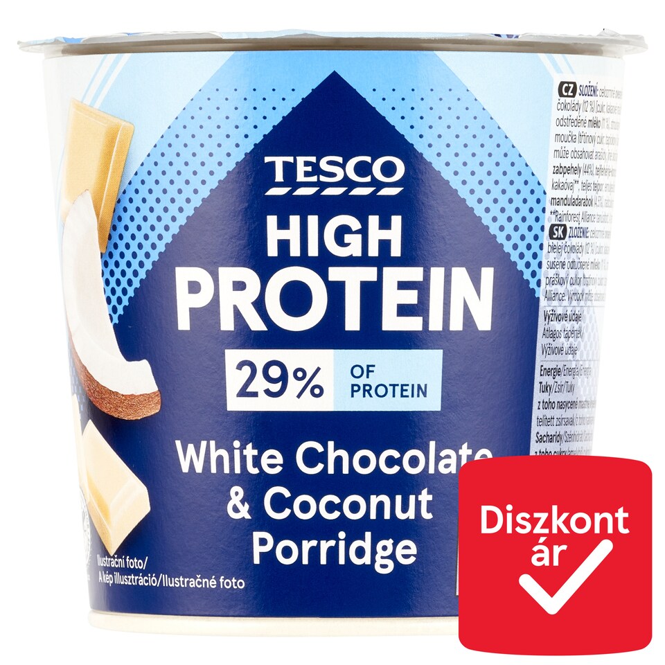 Tesco High Protein instant zabkása fehércsokoládéval, kókuszreszelékkel, manduladarabokkal 65 g 