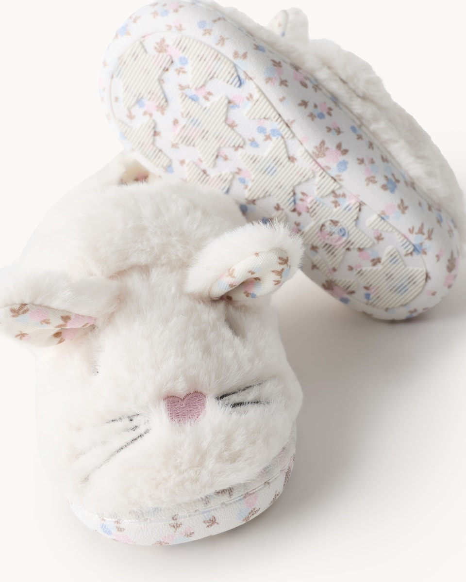 image 1 of F&F Girls Fluffy Bunny Cupsole Slippers in Cream
