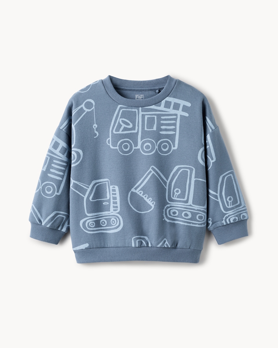 image 1 of F&F Boys Cotton Rich Vehicle Print Sweatshirt in Blue