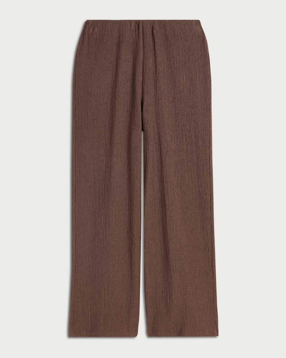 image 1 of F&F Cotton Rich Crinkle Textured Wide Leg Co-ord Trousers in Chocolate