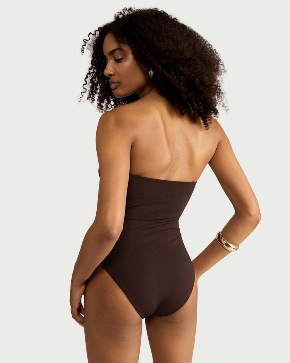 image 1 of F&F Cut Out Metal Accent Bandeau Swimsuit in Brown