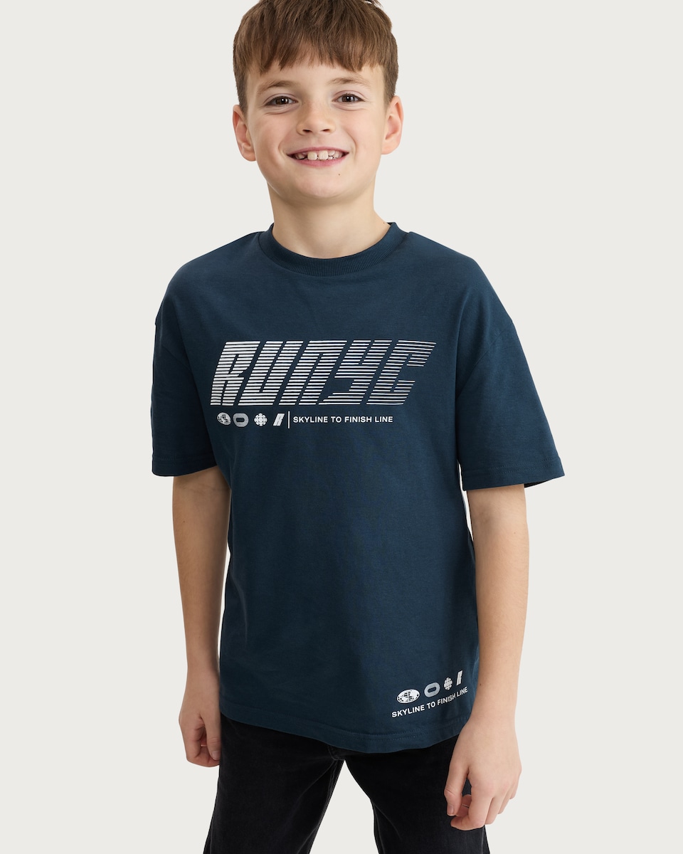 image 1 of F&F Boys Pure Cotton RUNYC Print Oversized Fit T-Shirt in Grey