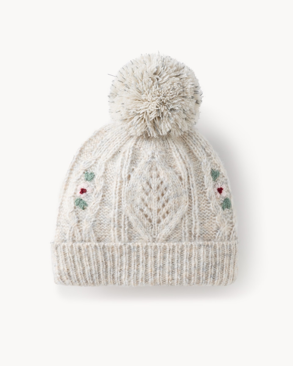image 1 of F&F Baby Knitted Embroidered Beanie in Neutral