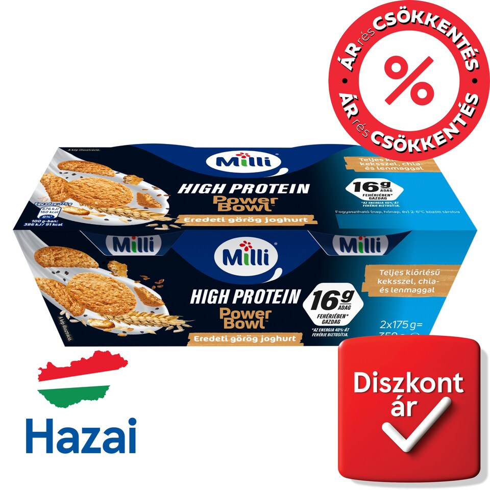 Milli Power Bowl zsírszegény eredeti görög krémjoghurt teljes kiőrlésű keksszel 2 x 175 g (350 g)