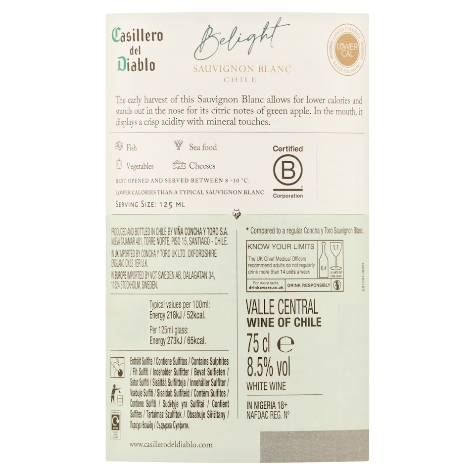 image 1 of Casillero Del Diablo BeLight Sauvignon Blanc 75cl
