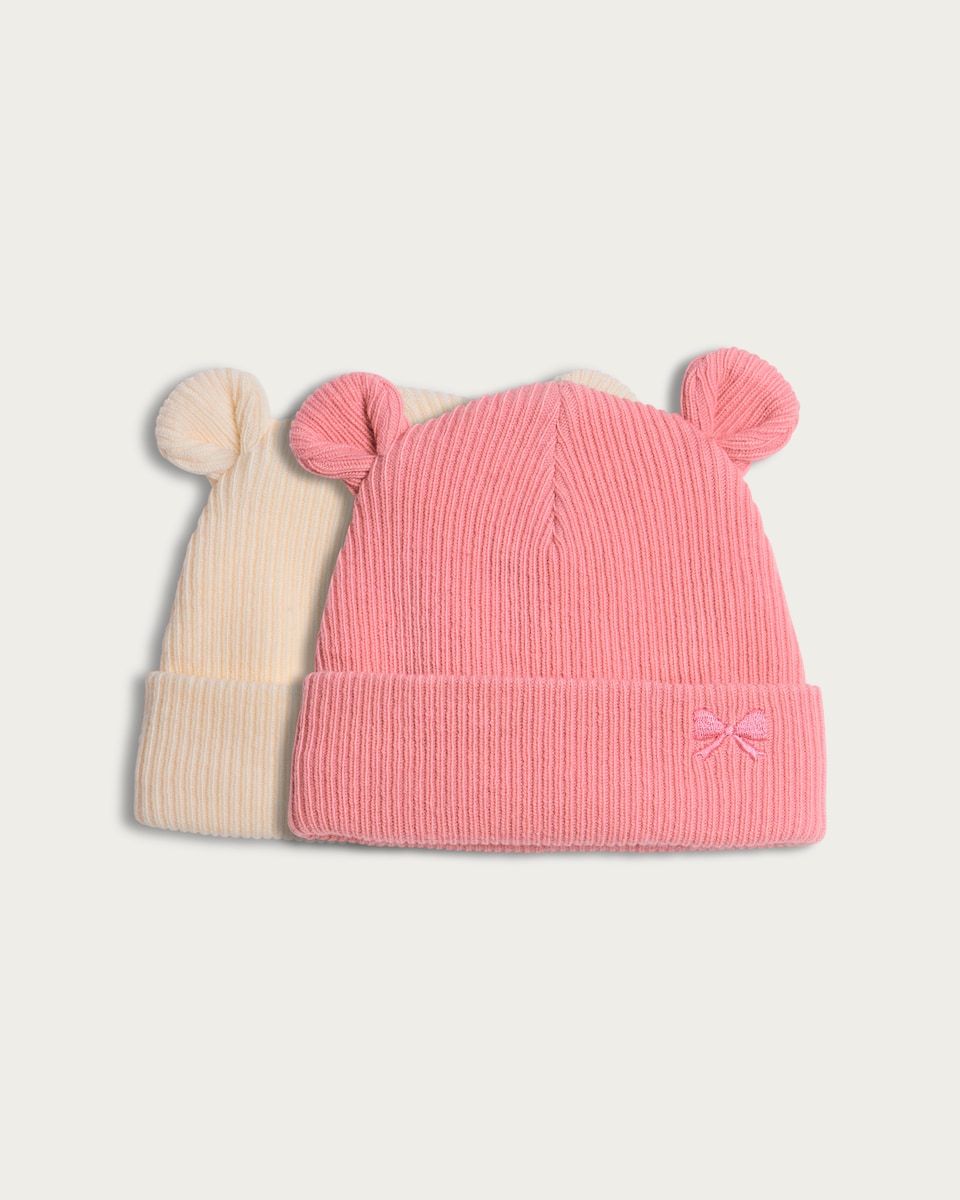 image 1 of F&F Baby 2-Pack Ribbed Bear Ear Beanie Hats in Multi
