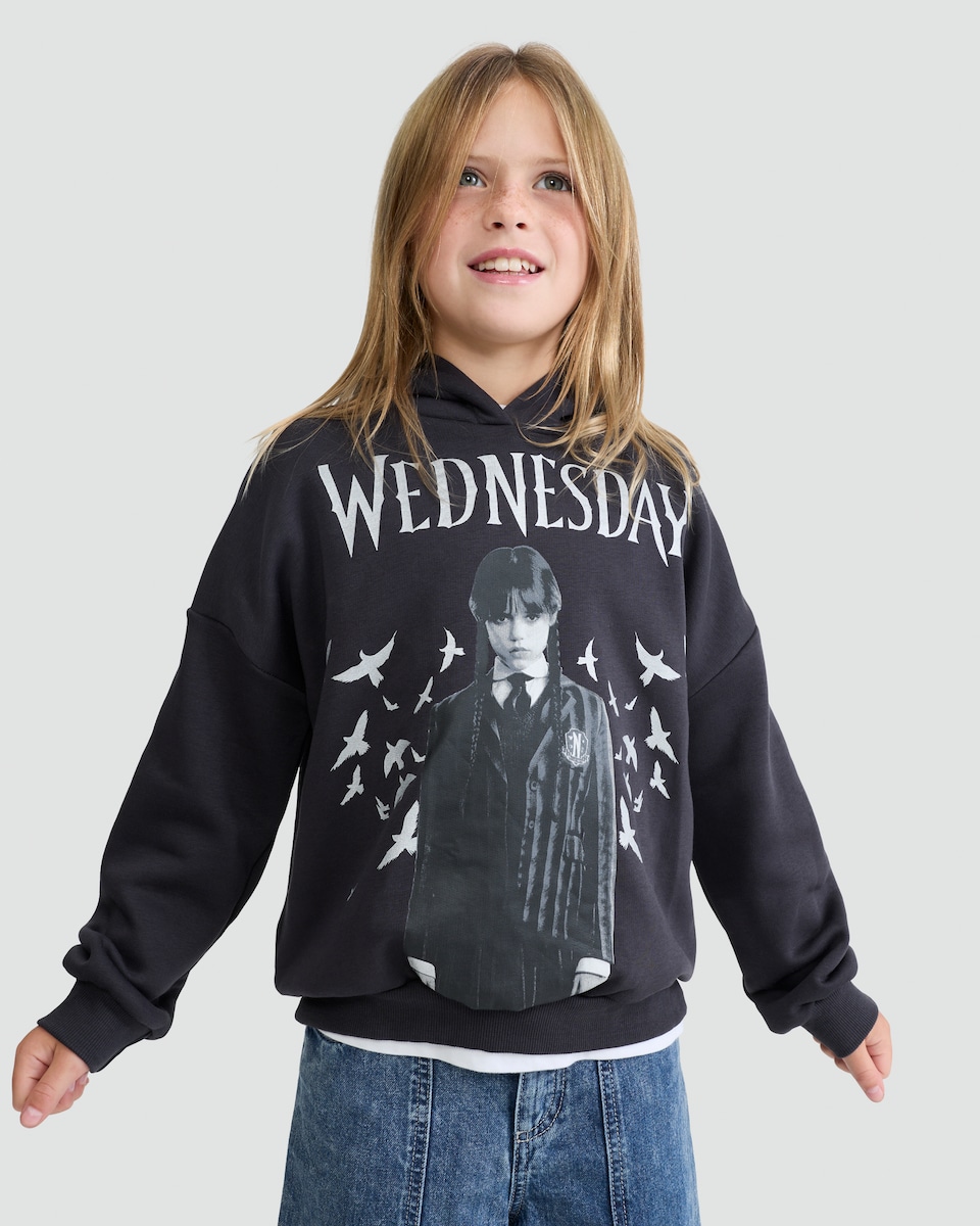 image 1 of Wednesday Addams Print Cotton Rich Hoodie in Black