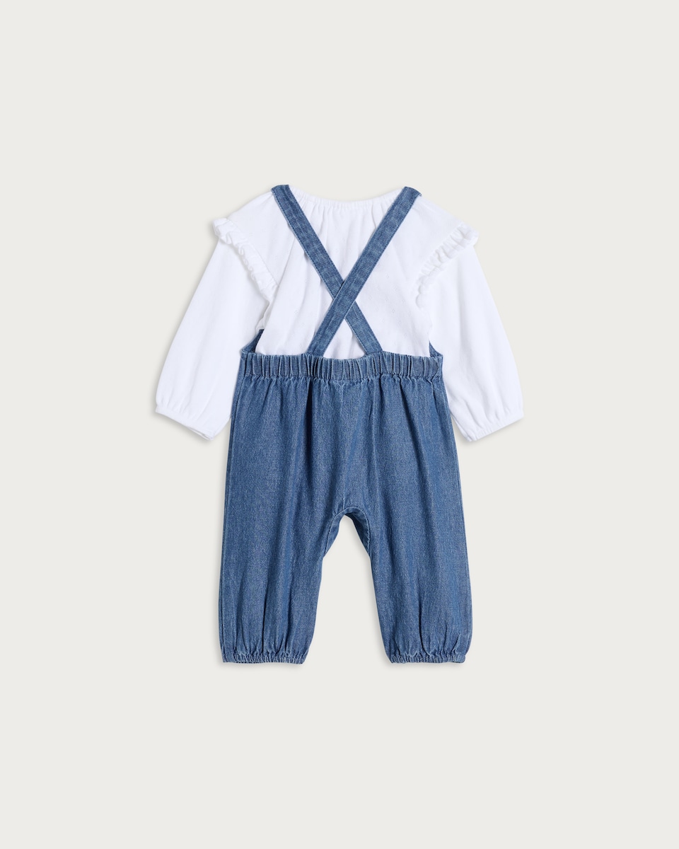 image 1 of F&F Baby 2-Piece Embroidered Dungarees and Top Set  in Blue