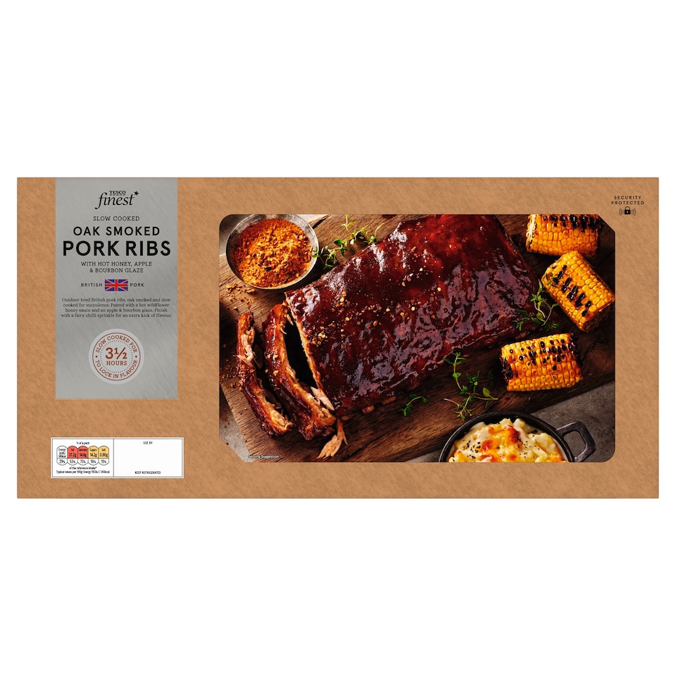 Tesco Finest Oak Smoked British Pork Ribs with Hot Wildflower Honey, Apple & Bourbon glaze 995g