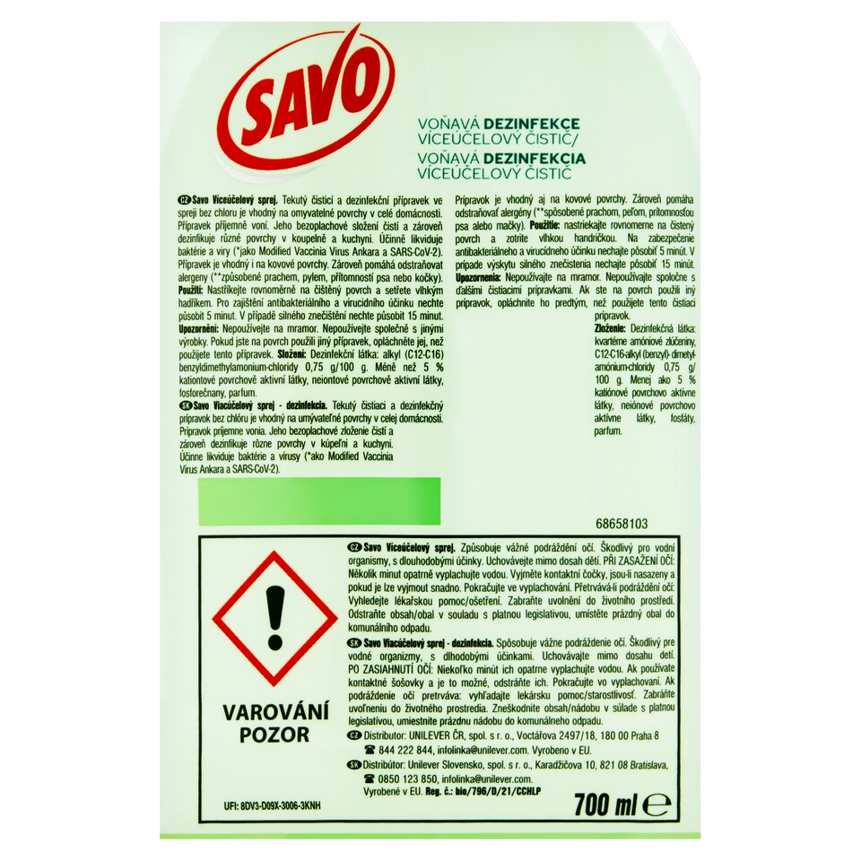 Obrázek 1 pro produkt Savo Dezinfekce víceúčelový čisticí sprej 700ml