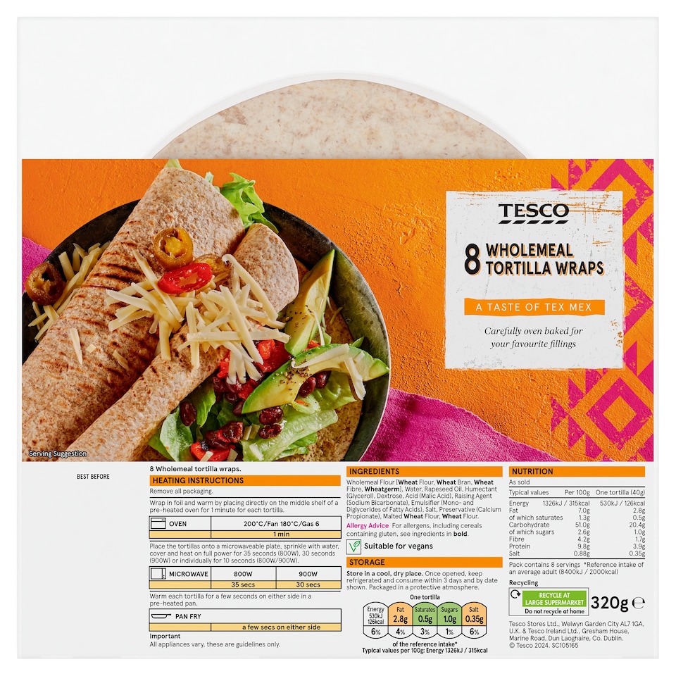 Tesco Wholemeal Tortilla Wraps 8 Pack 320g