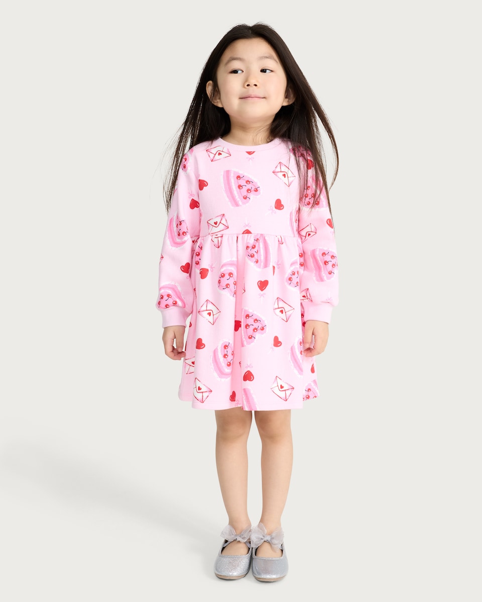 image 1 of F&F Girls Cotton Rich Heart and Cake Print Long Sleeved Sweater Dress in Pink