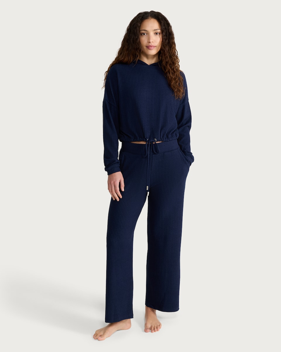 image 1 of F&F Ribbed Hoodie and Bottoms Pyjama Set in Navy