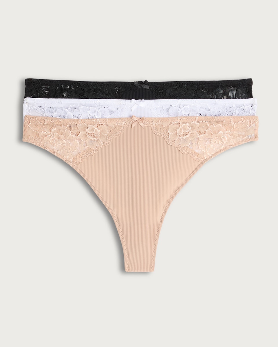 F&F 3-Pack Ribbed Lace Trim Thongs in Black