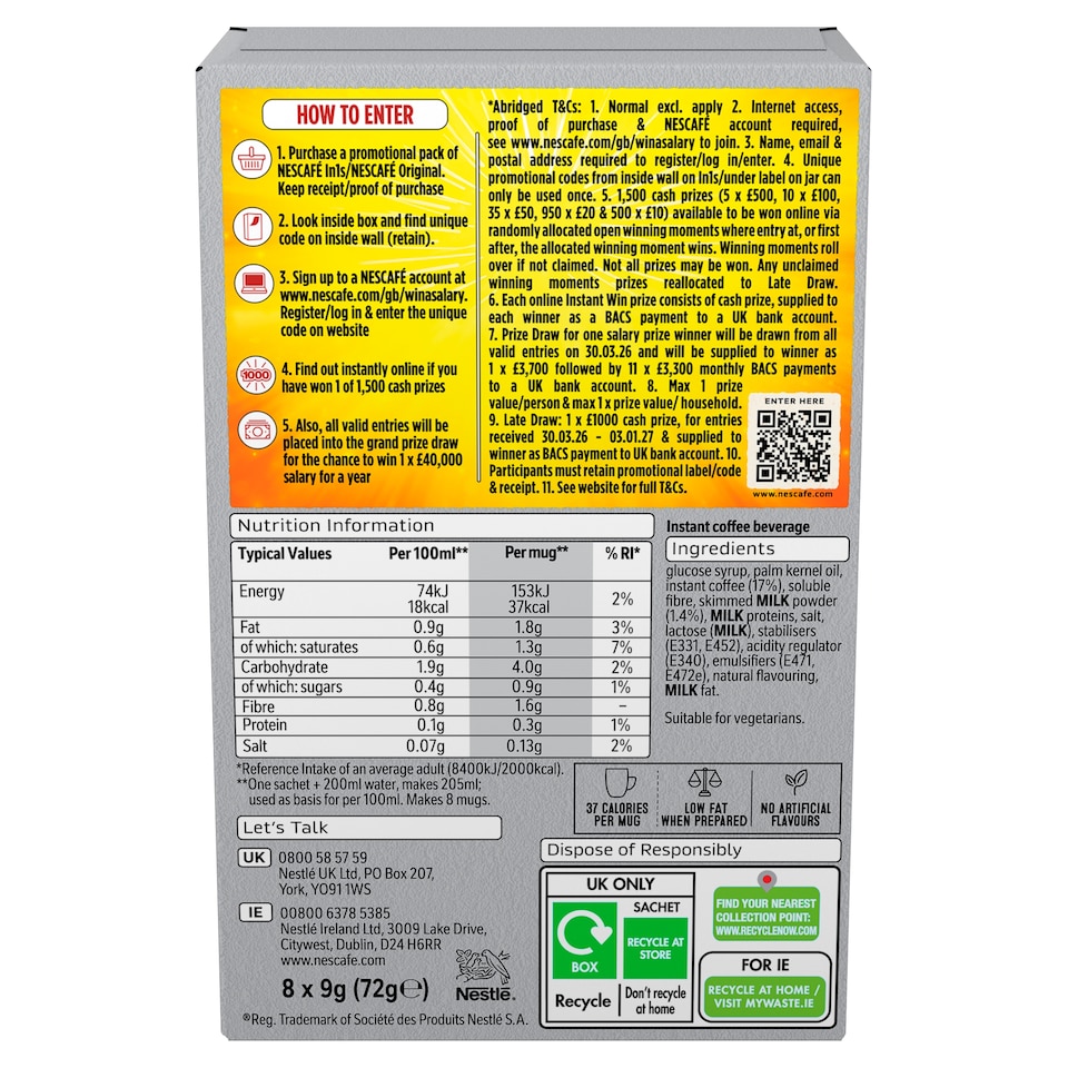 image 1 of Nescafe 2 in 1 Coffee Sachets 8 x 9g (72g)