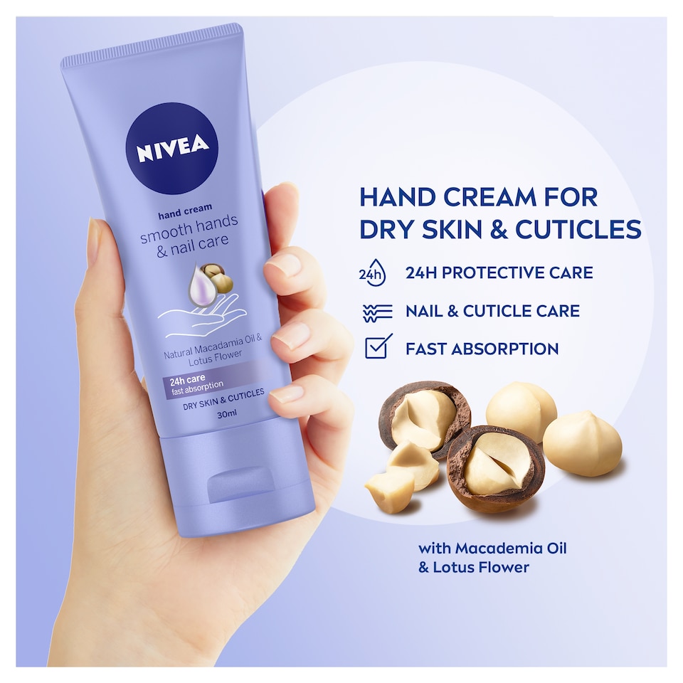 image 1 of NIVEA Smooth Hands & Nail Care Hand Cream - Macadamia & Lotus 30ml