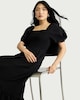 image 2 of F&F Shirred Puff Sleeved Midi Dress in Black