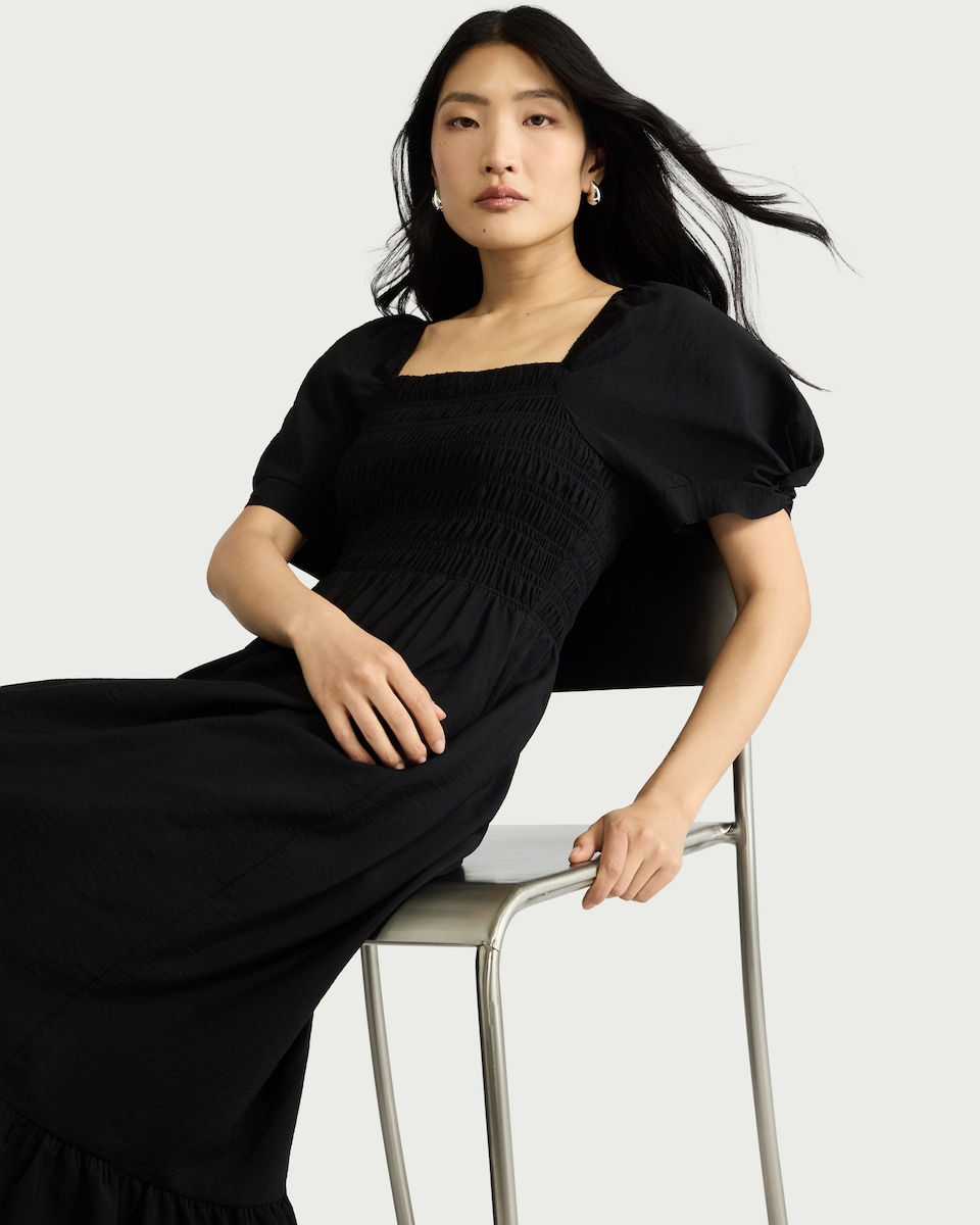 image 1 of F&F Shirred Puff Sleeved Midi Dress in Black