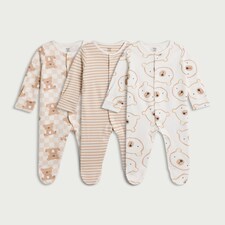 F&F Baby 3-Pack Pure Cotton Bear Print Sleepsuits in Neutral
