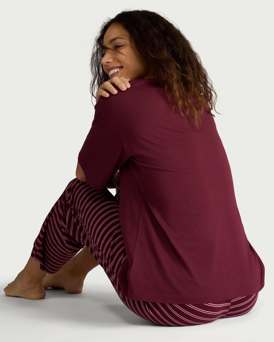 image 1 of F&F Pure Cotton Morning Reading Club Pyjama Top in Burgundy