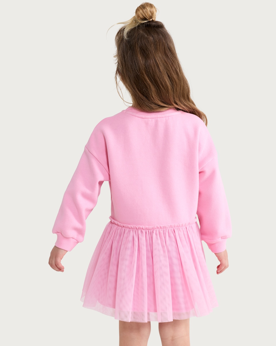 image 1 of F&F Girls Bow Detail Tulle Skirt Sweater Dress in Pink