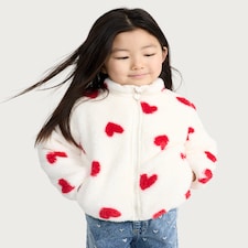 F&F Girls Fleece Textured Heart Print Zip Up Jacket in Cream