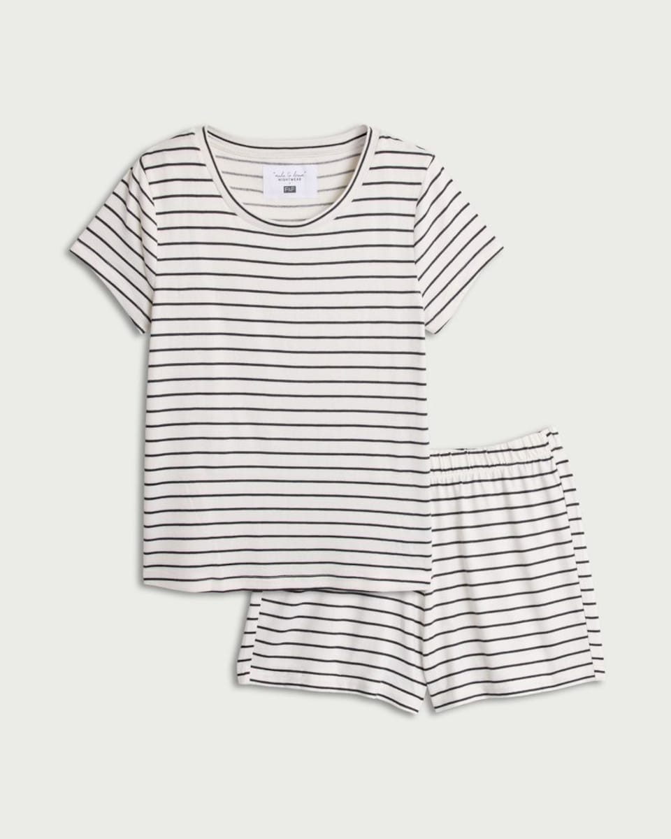 image 1 of F&F Textured Striped Short Pyjama Set in Multi White