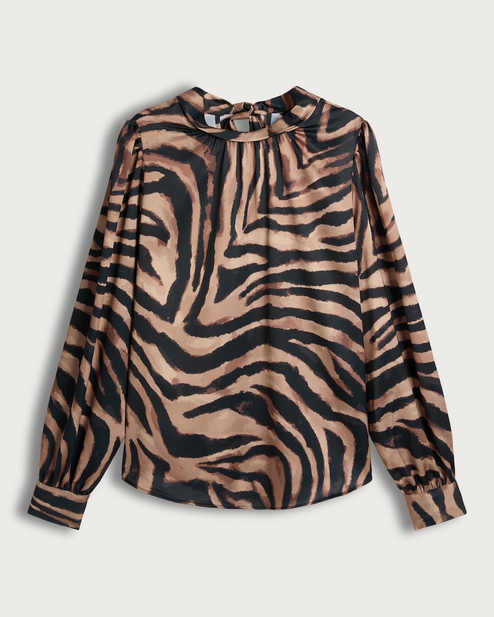 image 1 of F&F Satin Zebra Print Tie Neck Blouse in Multi Brown