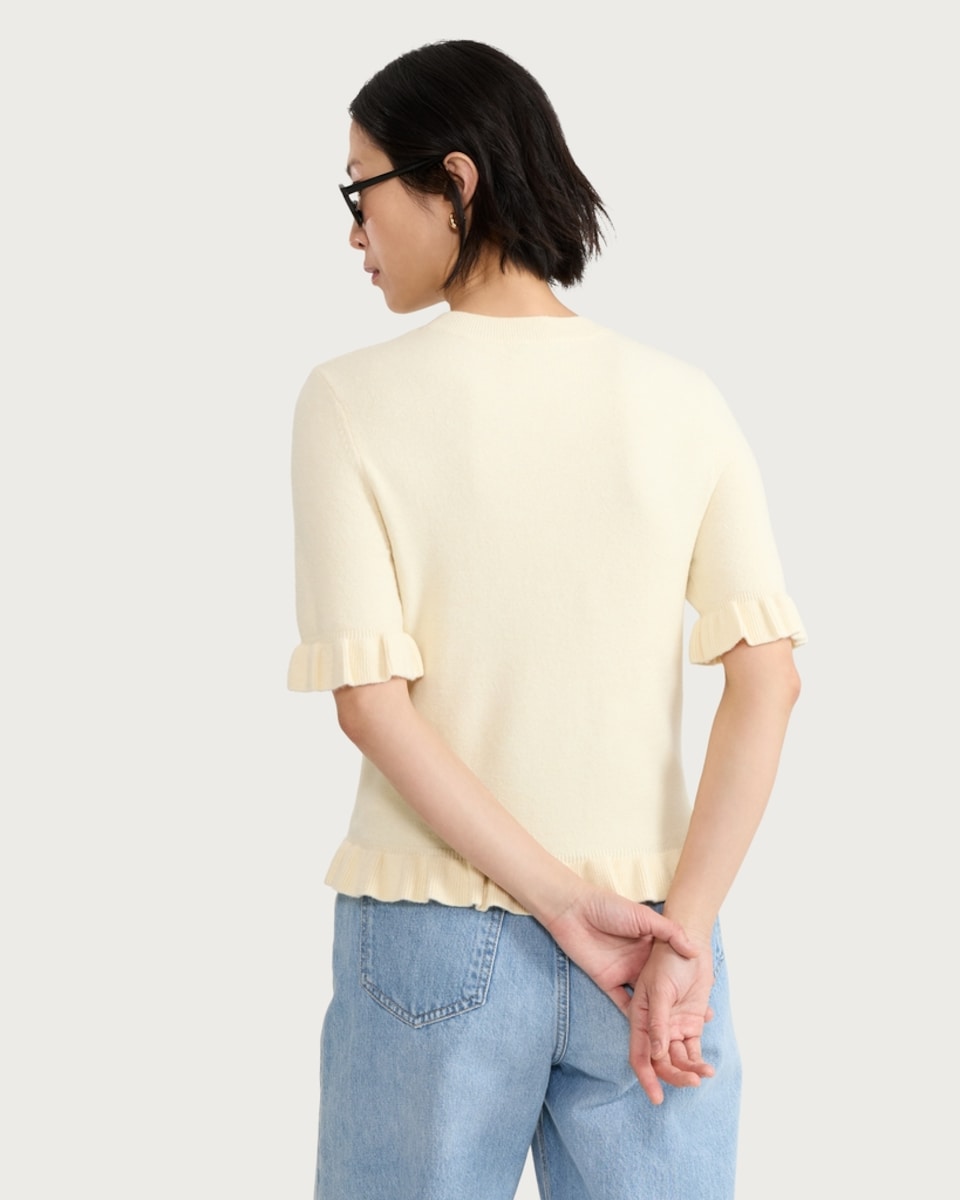 image 1 of F&F Ruffle Trim Short Sleeved Knitted Top in Yellow