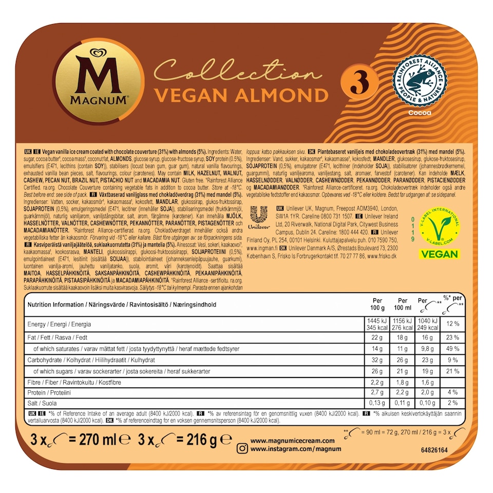 image 1 of Magnum Collection Vegan Almond Ice Cream Sticks 3 x 90ml