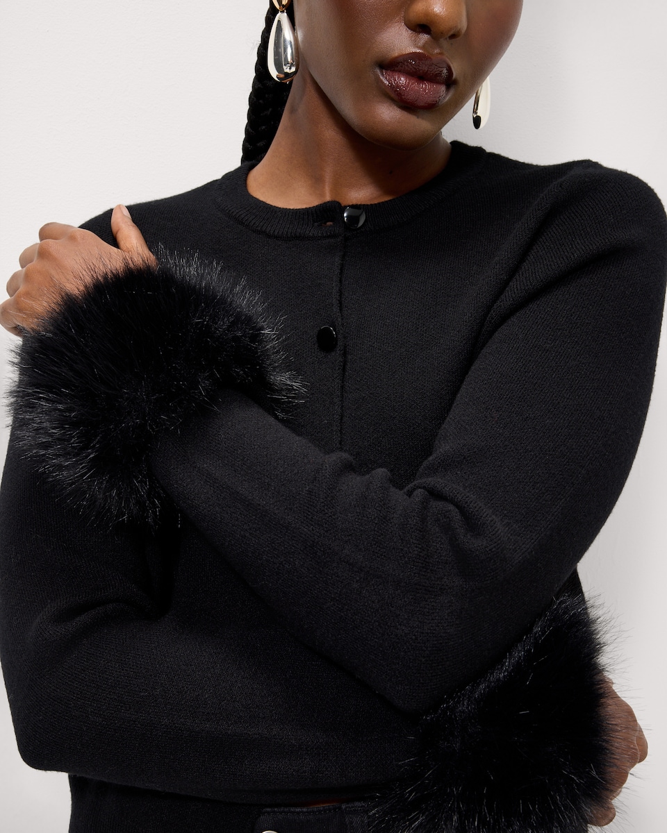 image 1 of F&F Faux Fur Cuff Cardigan in Black