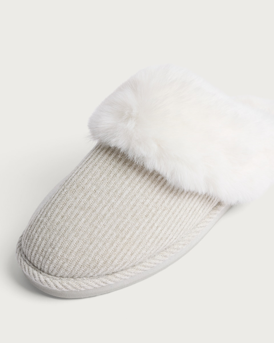 image 1 of F&F Ribbed Faux Fur Trim Mule Slippers in Grey