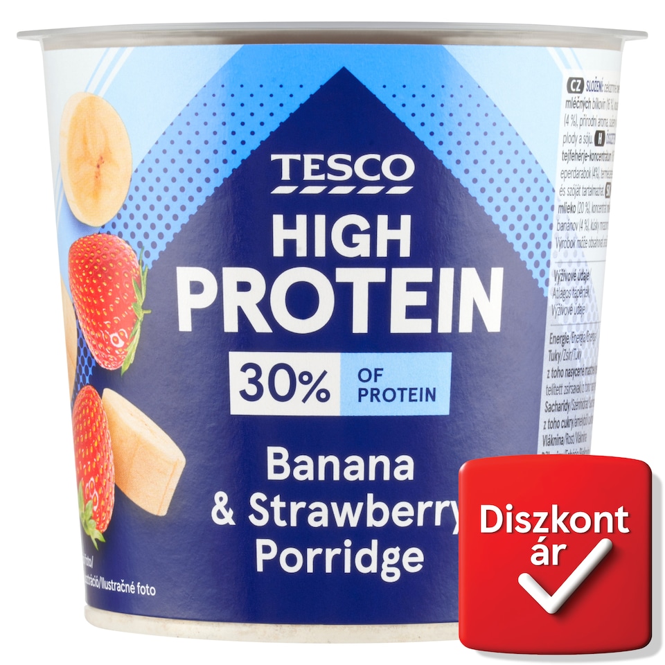 Tesco High Protein instant vaníliaízű zabkása, fagyasztva szárított banán- és eperdarabokkal 65 g