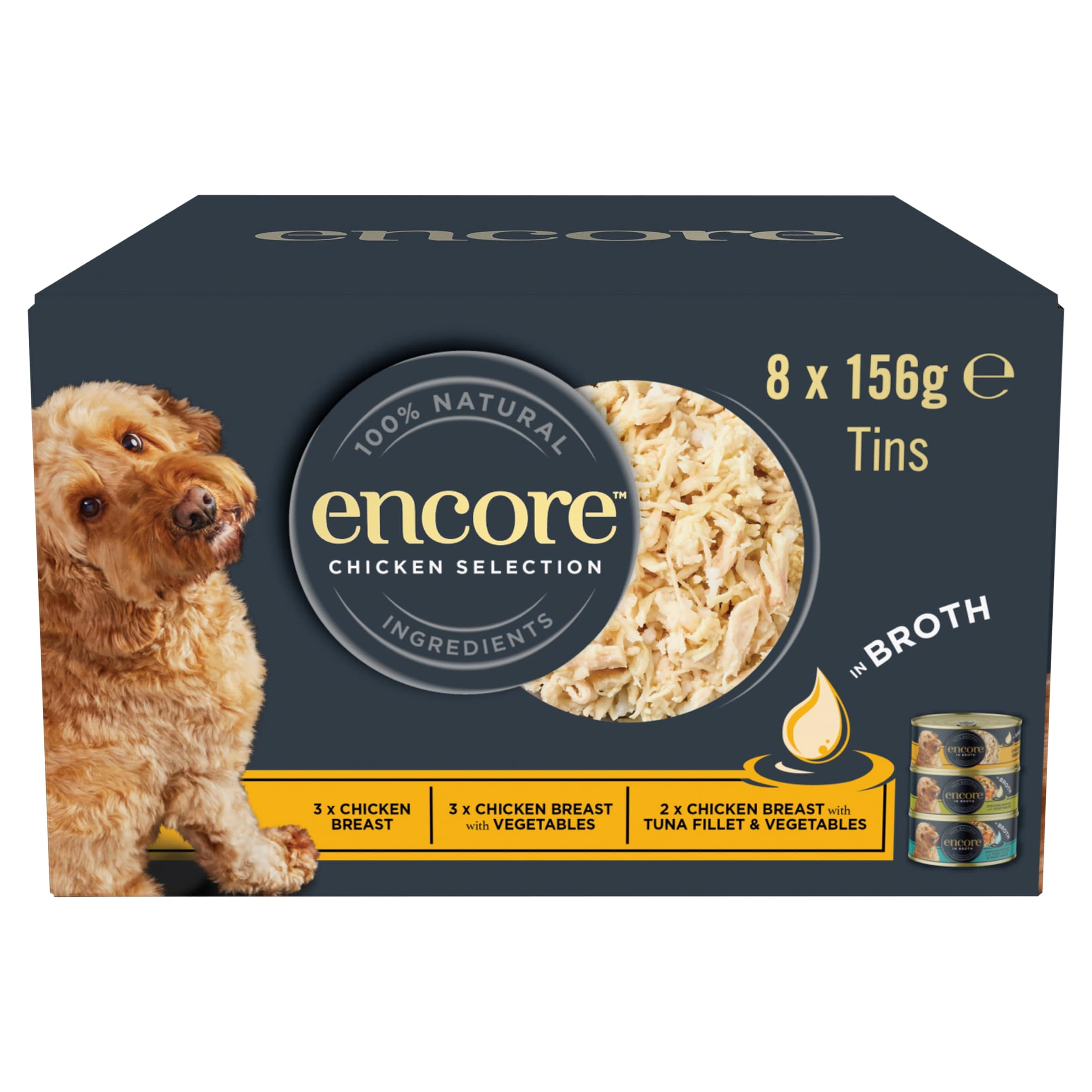Encore Natural Wet Dog Food Chicken Selection in Broth Tins 8 x 156g