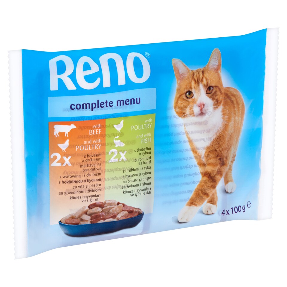 Reno Alutasakos teljes értékű eledel felnőtt macskák számára marhával, baromfival & hallal 4 x 100 g