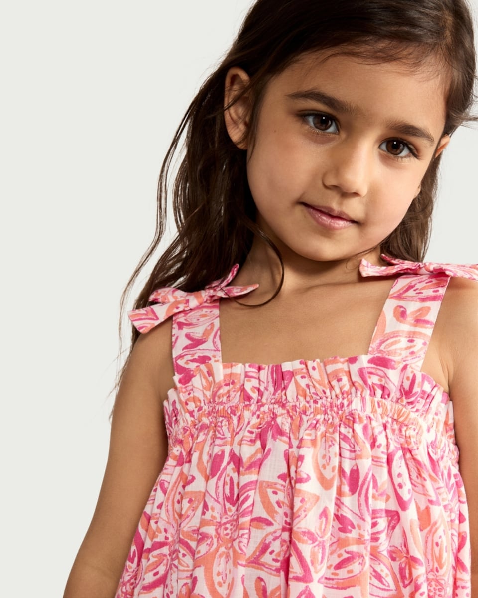 image 1 of F&F Girls Pure Cotton Floral Bow Strap Dress in Pink