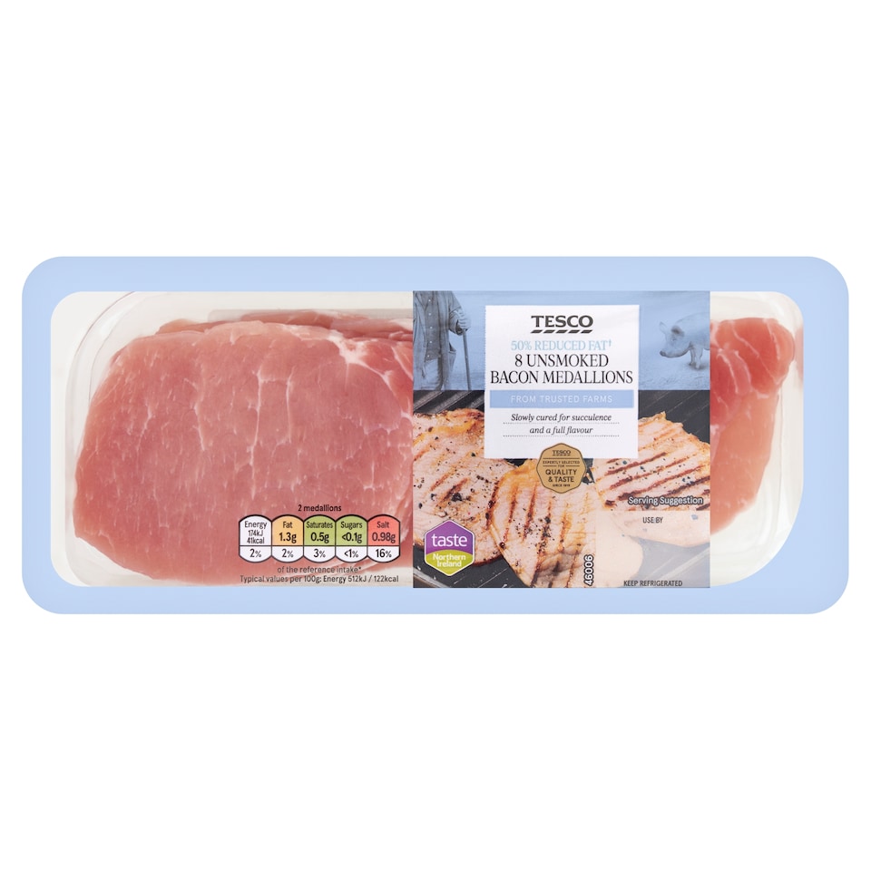 Tesco 50% Reduced Fat 8 Unsmoked Bacon Medallions 240g