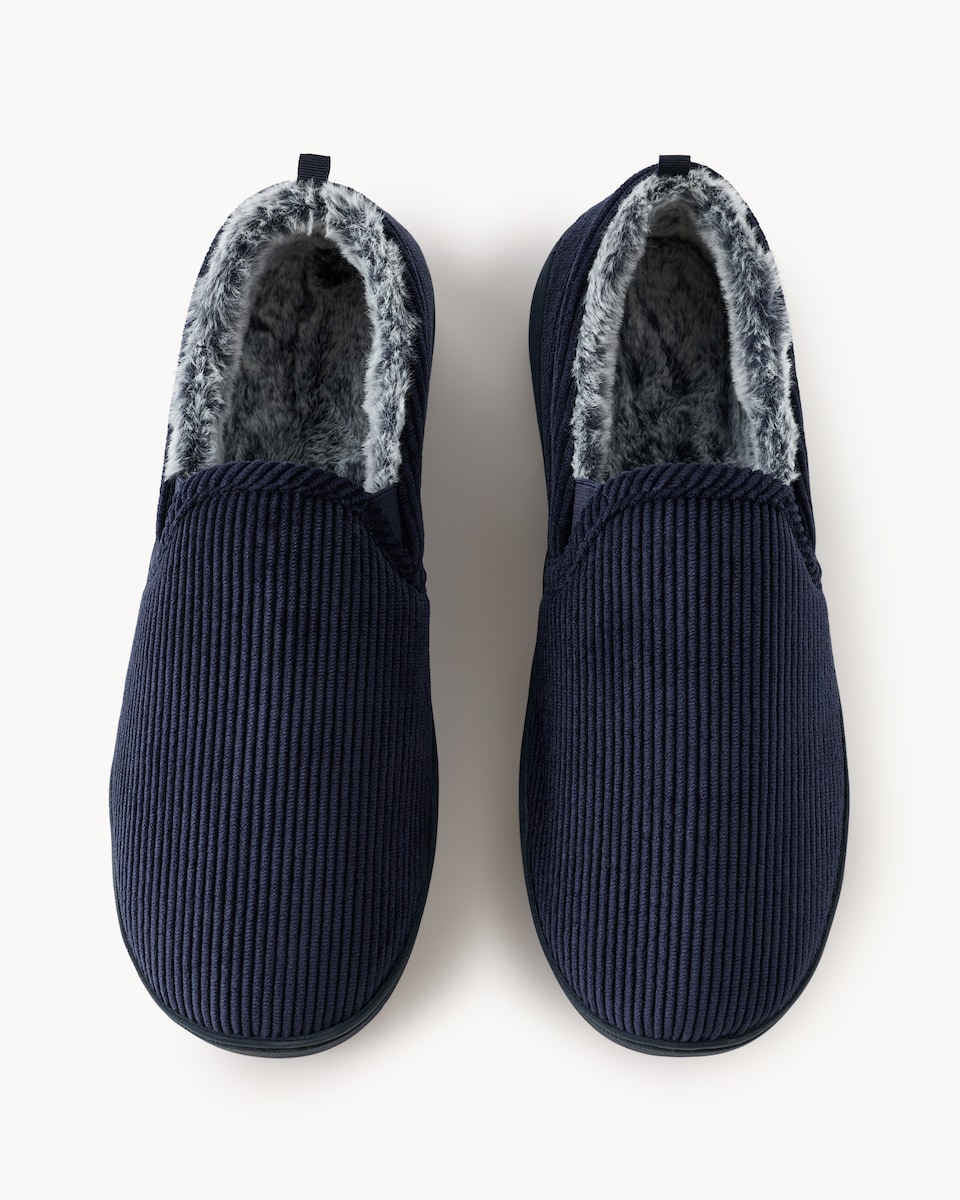 image 1 of F&F Faux Fur Lined Cord Closed Back Slippers in Navy