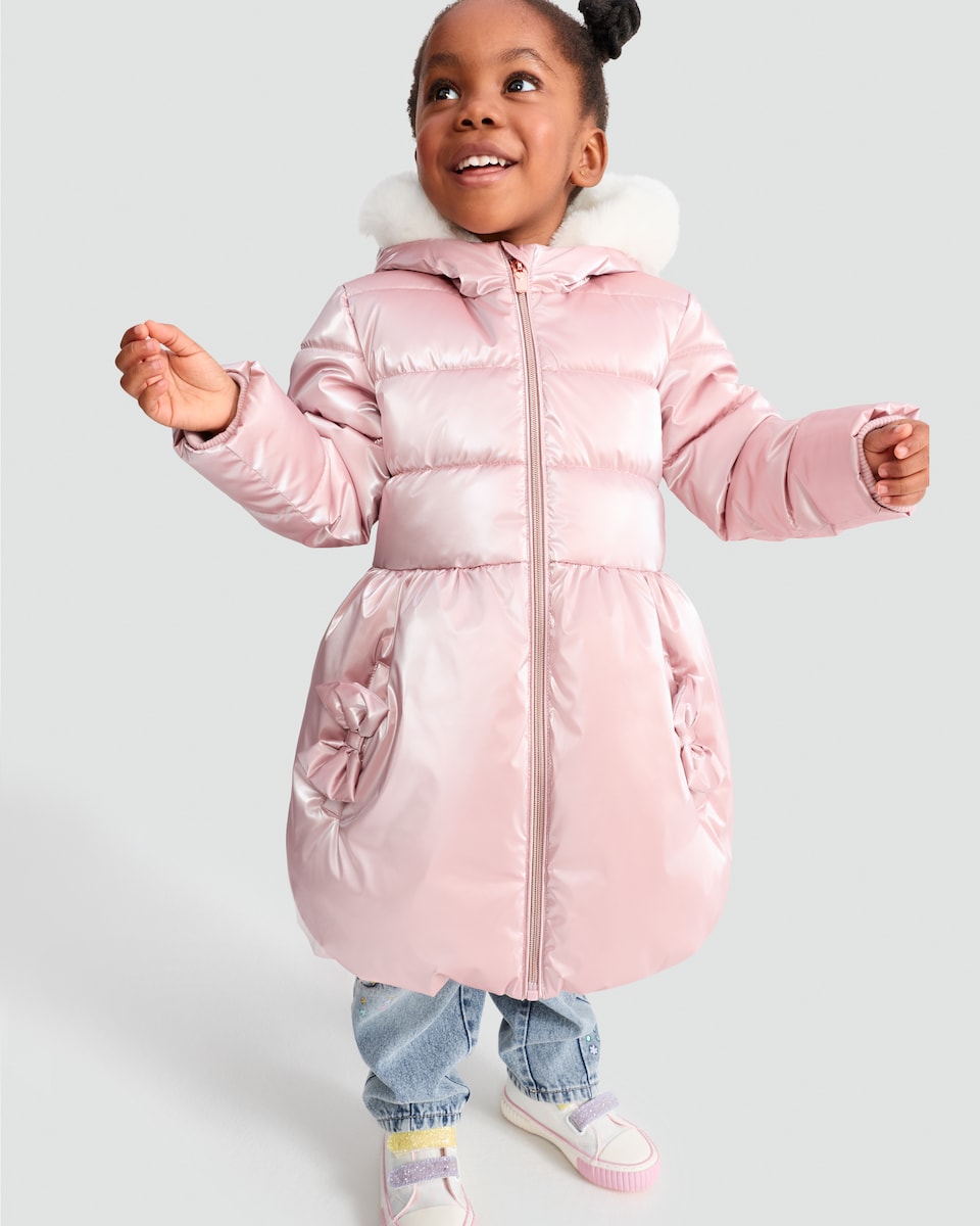image 1 of F&F Girls Faux Fur Hood Bow Detail Longline Puffer Coat in Pink