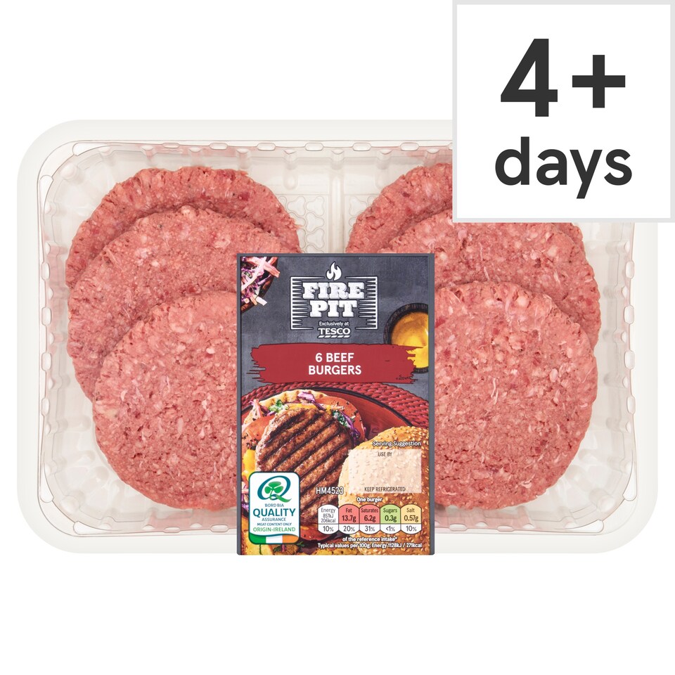 Tesco Fire Pit 6 Beef Burgers 600G