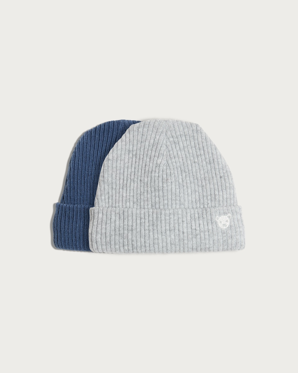 image 1 of F&F Baby 2-Pack Ribbed Bear Embroidered Beanie Hats in Multi