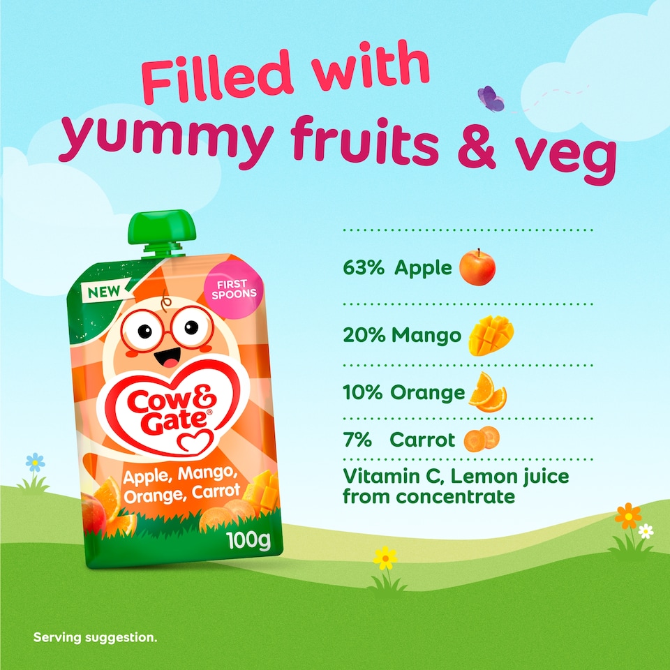 image 1 of Cow & Gate Fruit Pouch Apple Mango Orange & Carrot Baby Food 6+ Months 100g
