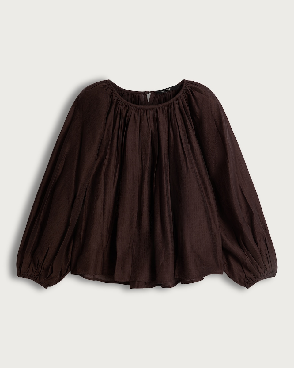 image 1 of F&F Lyocell Rich Gathered Long Sleeved Blouse in Brown