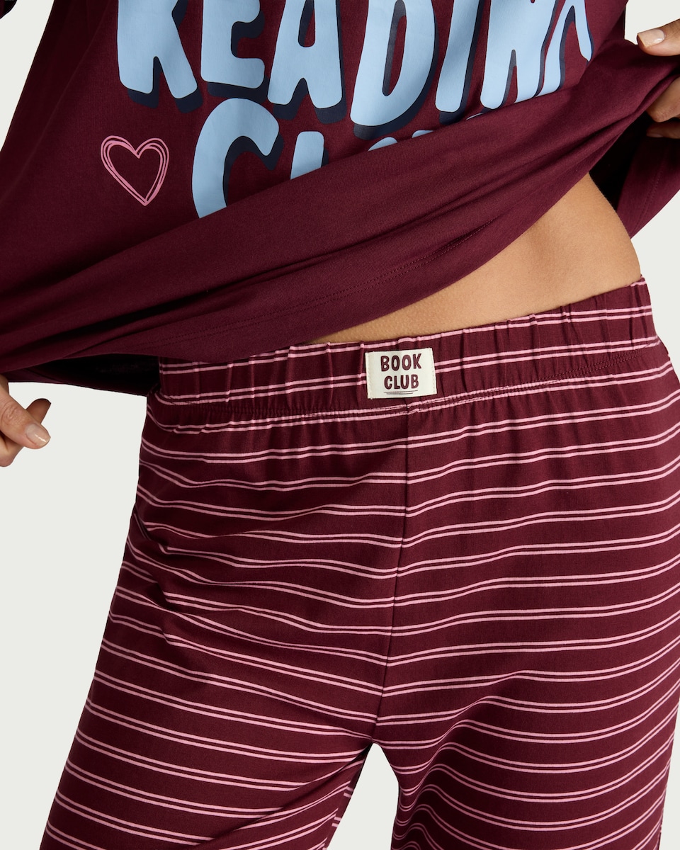 image 1 of F&F Pure Cotton Striped Pyjama Bottoms in Burgundy