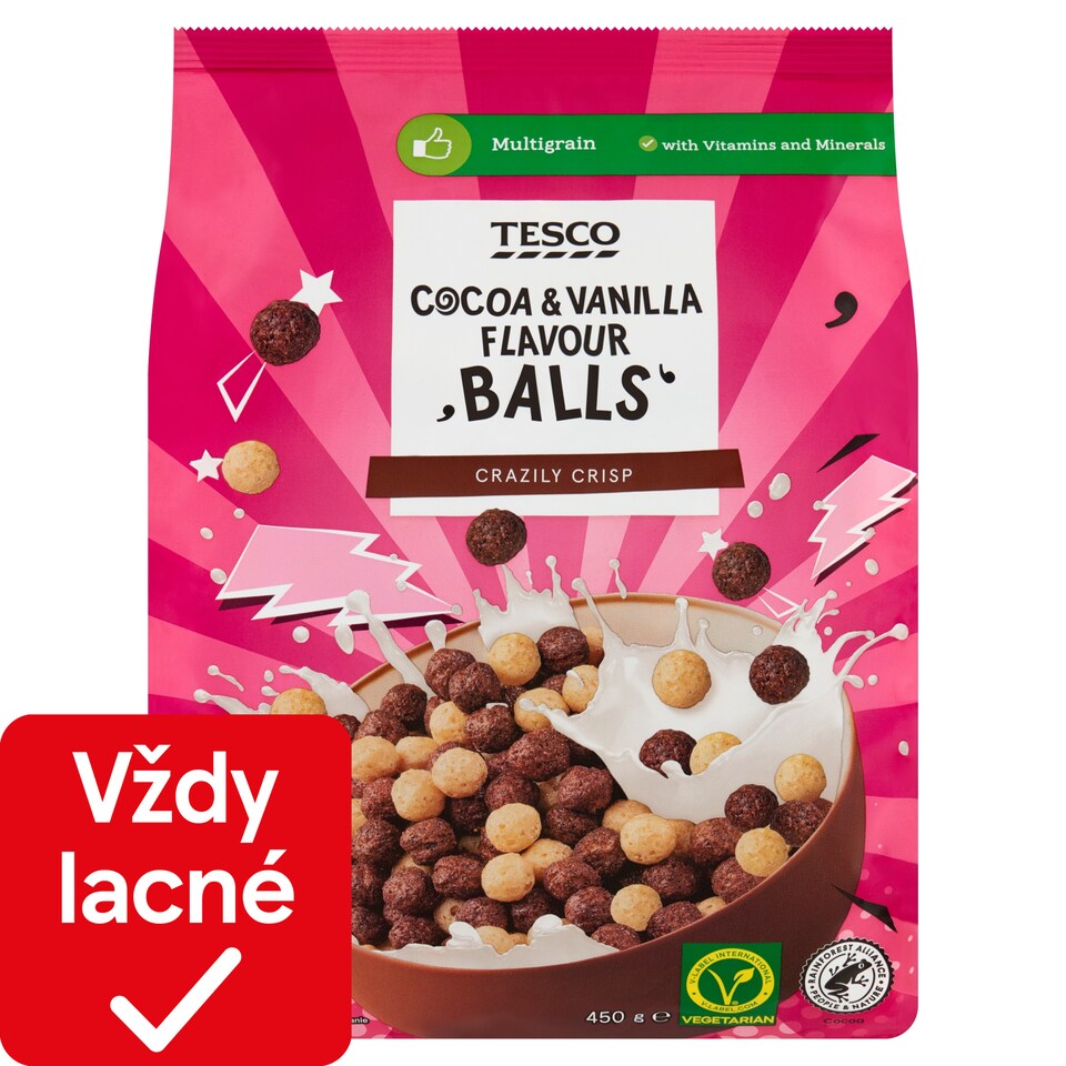 Tesco Zmes kakaových obilninových guľôčok a obilninových guľôčok s vanilkovou príchuťou 450 g