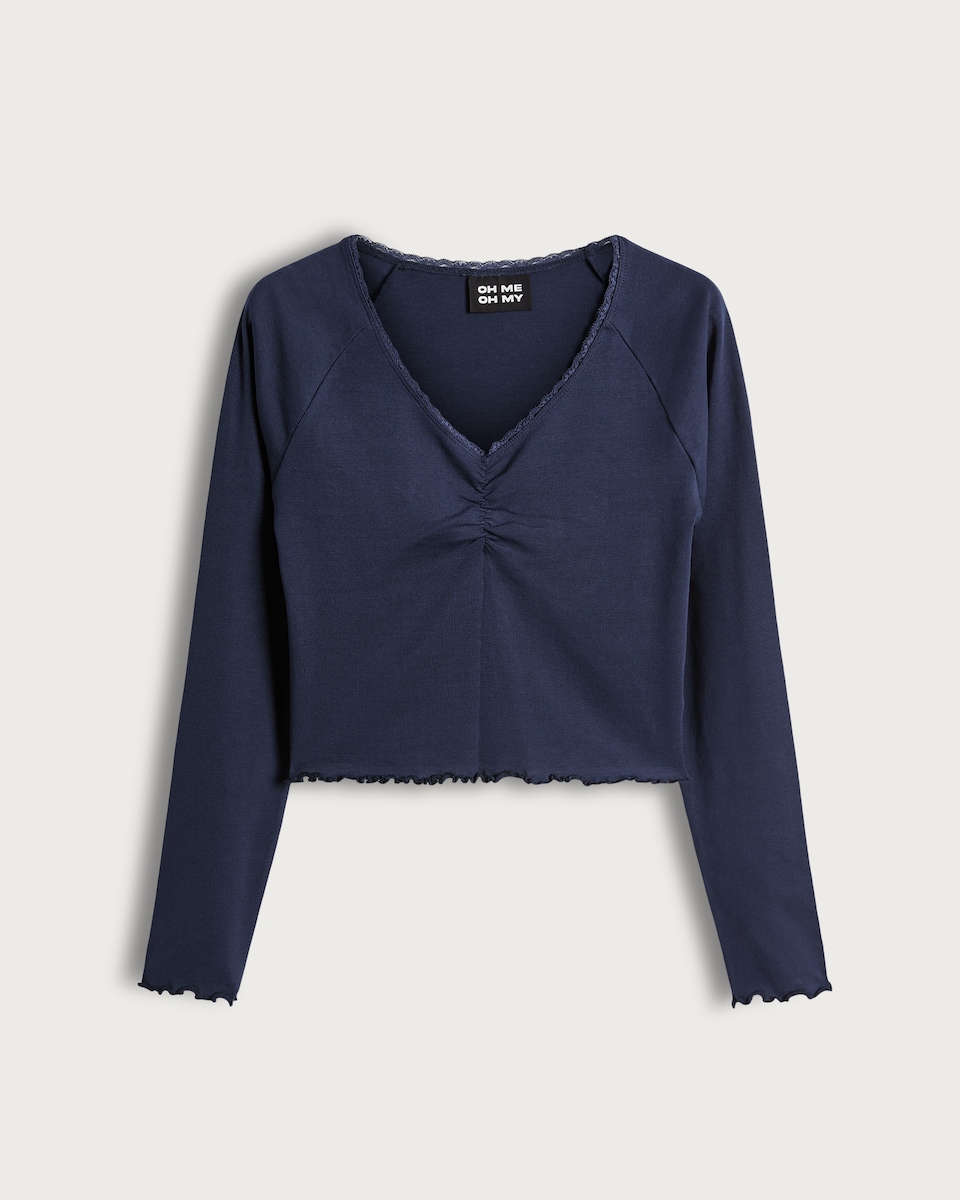 image 1 of OH ME OH MY Cotton Rich Ruched Lace Trim Top in Navy