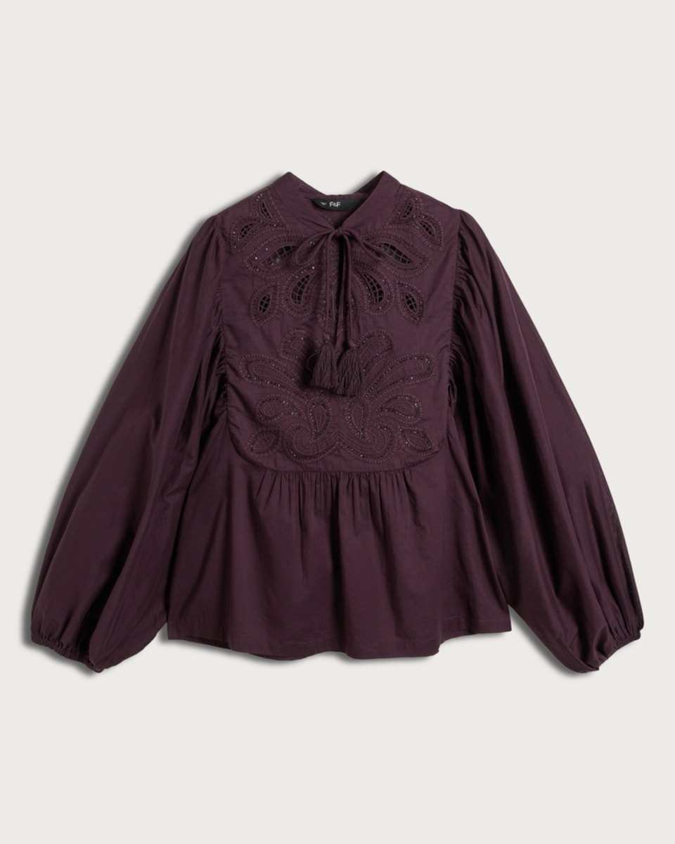 image 1 of The F&F Edit Pure Cotton Embroidered Blouse in Burgundy